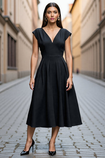 Black A Line Satin Cap Sleeves Midi V-Neck Work Dress